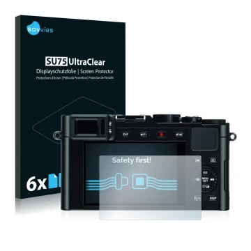 Parte frontal de un envase de producto con el logotipo de la marca Savvies. Al lado se muestra el dispositivo Leica D-Lux (Typ