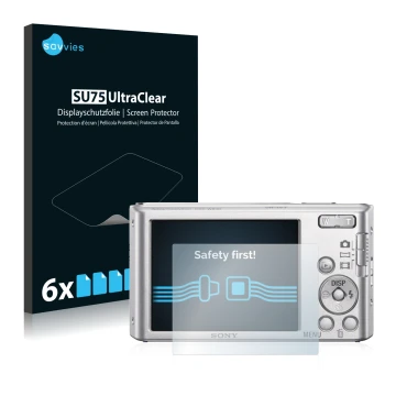 Parte frontal de un envase de producto con el logotipo de la marca Savvies. Al lado se muestra el dispositivo Sony Cyber-Shot 