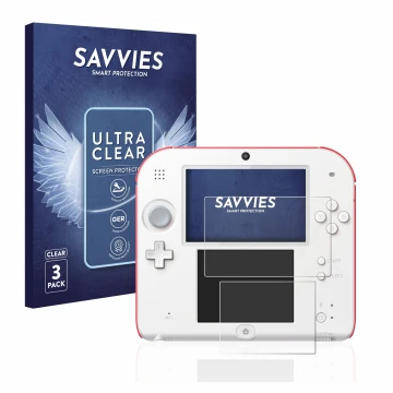 Parte frontal de un envase de producto con el logotipo de la marca Savvies. Al lado se muestra el dispositivo Nintendo 2DS con
