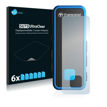 Parte frontal de un envase de producto con el logotipo de la marca Savvies. Al lado se muestra el dispositivo Transcend MP350 