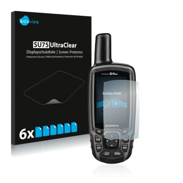 Parte frontal de un envase de producto con el logotipo de la marca Savvies. Al lado se muestra el dispositivo Garmin GPSMAP 64