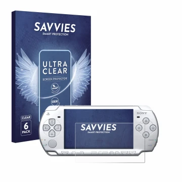 Parte frontal de un envase de producto con el logotipo de la marca Savvies. Al lado se muestra el dispositivo Sony PSP 2004 co