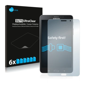 Parte frontal de un envase de producto con el logotipo de la marca Savvies. Al lado se muestra el dispositivo Samsung Galaxy T