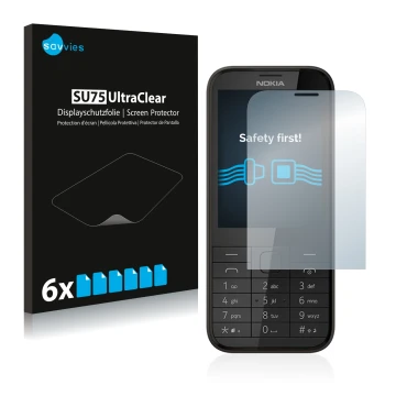 Parte frontal de un envase de producto con el logotipo de la marca Savvies. Al lado se muestra el dispositivo Nokia 225 con su