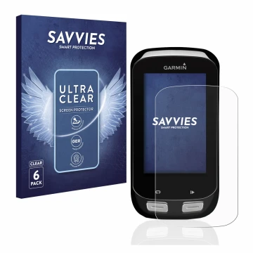 Parte frontal de un envase de producto con el logotipo de la marca Savvies. Al lado se muestra el dispositivo Garmin Edge 1000