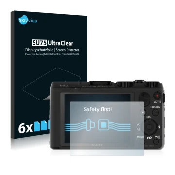 Parte frontal de un envase de producto con el logotipo de la marca Savvies. Al lado se muestra el dispositivo Sony Cyber-Shot 