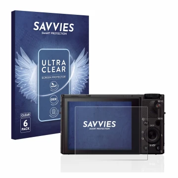Parte frontal de un envase de producto con el logotipo de la marca Savvies. Al lado se muestra el dispositivo Sony Cyber-Shot 