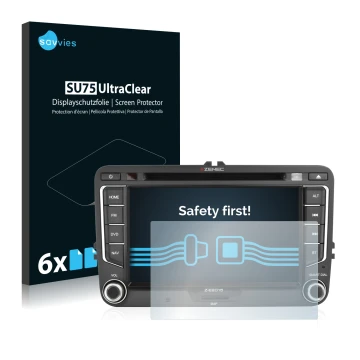 Parte frontal de un envase de producto con el logotipo de la marca Savvies. Al lado se muestra el dispositivo Zenec Z-E2015 co