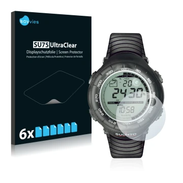 Parte frontal de un envase de producto con el logotipo de la marca Savvies. Al lado se muestra el dispositivo Suunto Vector Bl