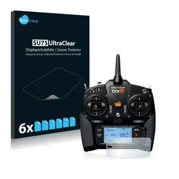 Parte frontal de un envase de producto con el logotipo de la marca Savvies. Al lado se muestra el dispositivo Spektrum DX6 con