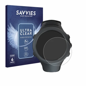 Parte frontal de un envase de producto con el logotipo de la marca Savvies. Al lado se muestra el dispositivo Suunto Ambit3 Sp