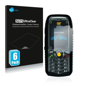 Parte frontal de un envase de producto con el logotipo de la marca Savvies. Al lado se muestra el dispositivo Caterpillar Cat 