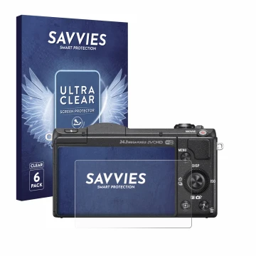 Parte frontal de un envase de producto con el logotipo de la marca Savvies. Al lado se muestra el dispositivo Sony Alpha 5100 