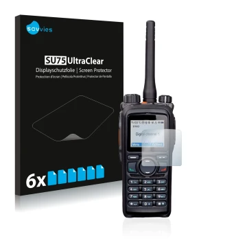 Parte frontal de un envase de producto con el logotipo de la marca Savvies. Al lado se muestra el dispositivo Hytera PD785 con