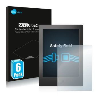 Parte frontal de un envase de producto con el logotipo de la marca Savvies. Al lado se muestra el dispositivo Kobo Aura H2O co