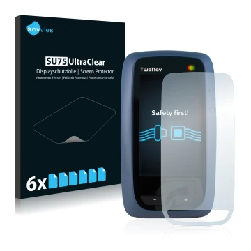 Parte frontal de un envase de producto con el logotipo de la marca Savvies. Al lado se muestra el dispositivo CompeGPS TwoNav 