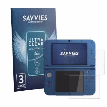 Parte frontal de un envase de producto con el logotipo de la marca Savvies. Al lado se muestra el dispositivo Nintendo New 3DS