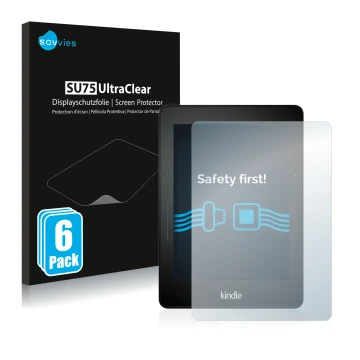 Parte frontal de un envase de producto con el logotipo de la marca Savvies. Al lado se muestra el dispositivo Amazon Kindle Vo