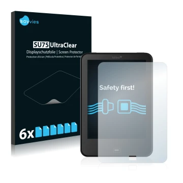 Parte frontal de un envase de producto con el logotipo de la marca Savvies. Al lado se muestra el dispositivo Tolino Vision 2 