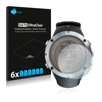 Parte frontal de un envase de producto con el logotipo de la marca Savvies. Al lado se muestra el dispositivo Suunto Ambit3 Pe