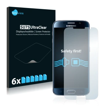 Parte frontal de un envase de producto con el logotipo de la marca Savvies. Al lado se muestra el dispositivo Samsung Galaxy S
