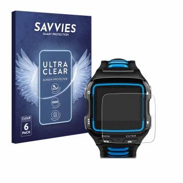Parte frontal de un envase de producto con el logotipo de la marca Savvies. Al lado se muestra el dispositivo Garmin Forerunne