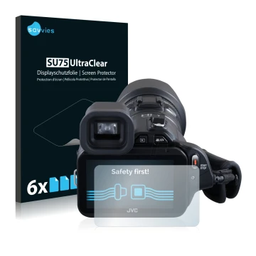 Parte frontal de un envase de producto con el logotipo de la marca Savvies. Al lado se muestra el dispositivo JVC GC-PX100BEU 