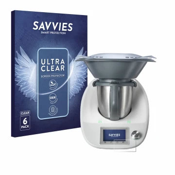 Parte frontal de un envase de producto con el logotipo de la marca Savvies. Al lado se muestra el dispositivo Vorwerk Thermomi