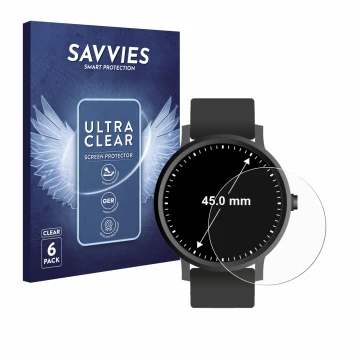 Parte frontal de un envase de producto con el logotipo de la marca Savvies. Al lado se muestra el dispositivo Relojes (Circula