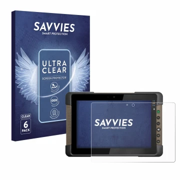 Parte frontal de un envase de producto con el logotipo de la marca Savvies. Al lado se muestra el dispositivo Getac T800 con s