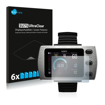 Parte frontal de un envase de producto con el logotipo de la marca Savvies. Al lado se muestra el dispositivo Suunto Eon Steel