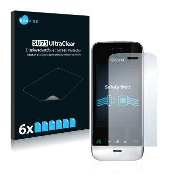 Parte frontal de un envase de producto con el logotipo de la marca Savvies. Al lado se muestra el dispositivo Gigaset SL910 (r