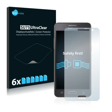 Parte frontal de un envase de producto con el logotipo de la marca Savvies. Al lado se muestra el dispositivo Samsung Galaxy G
