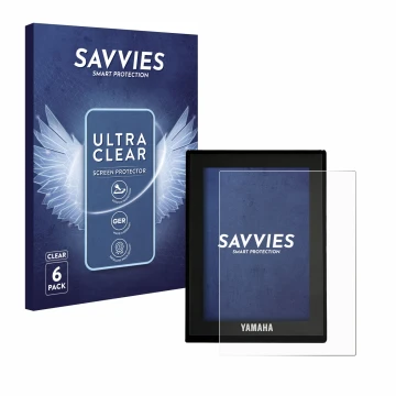 Parte frontal de un envase de producto con el logotipo de la marca Savvies. Al lado se muestra el dispositivo Yamaha LCD Displ
