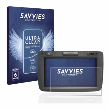 Parte frontal de un envase de producto con el logotipo de la marca Savvies. Al lado se muestra el dispositivo Dacia Media Nav 