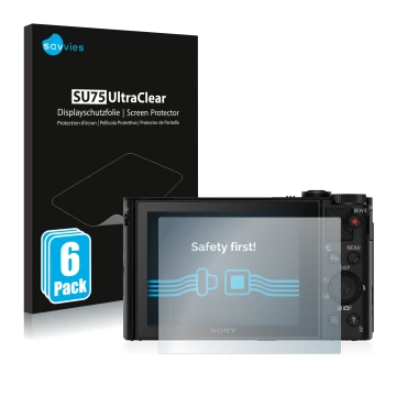 Parte frontal de un envase de producto con el logotipo de la marca Savvies. Al lado se muestra el dispositivo Sony Cyber-Shot 