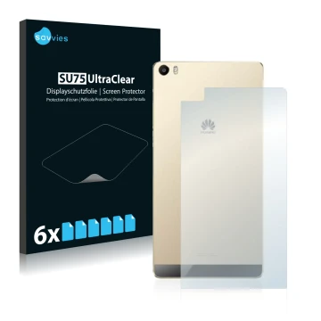 Parte frontal de un envase de producto con el logotipo de la marca Savvies. Al lado se muestra el dispositivo Huawei P8 Max (T