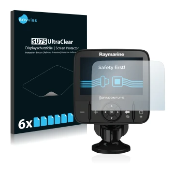 Parte frontal de un envase de producto con el logotipo de la marca Savvies. Al lado se muestra el dispositivo Raymarine Dragon