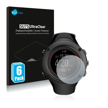 Parte frontal de un envase de producto con el logotipo de la marca Savvies. Al lado se muestra el dispositivo Suunto Ambit3 Ru