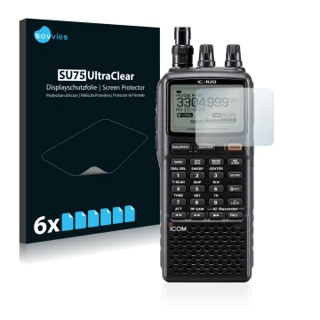 Parte frontal de un envase de producto con el logotipo de la marca Savvies. Al lado se muestra el dispositivo Icom IC-R20 con 