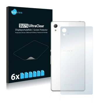 Parte frontal de un envase de producto con el logotipo de la marca Savvies. Al lado se muestra el dispositivo Sony Xperia Z4 (