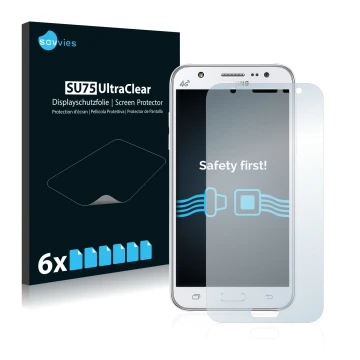 Parte frontal de un envase de producto con el logotipo de la marca Savvies. Al lado se muestra el dispositivo Samsung Galaxy J