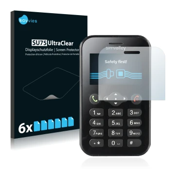 Parte frontal de un envase de producto con el logotipo de la marca Savvies. Al lado se muestra el dispositivo Simvalley Mobile