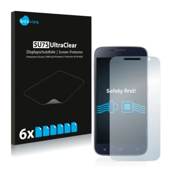 Parte frontal de un envase de producto con el logotipo de la marca Savvies. Al lado se muestra el dispositivo Landvo L8 con su