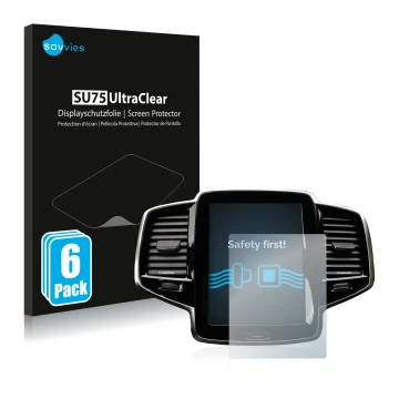 Parte frontal de un envase de producto con el logotipo de la marca Savvies. Al lado se muestra el dispositivo Volvo XC90 Senus