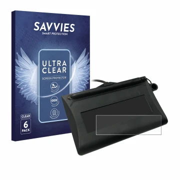 Parte frontal de un envase de producto con el logotipo de la marca Savvies. Al lado se muestra el dispositivo Topaz T-LBK460-H
