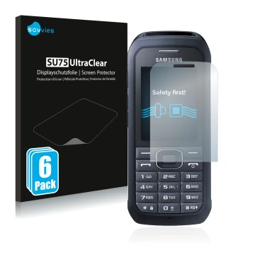 Parte frontal de un envase de producto con el logotipo de la marca Savvies. Al lado se muestra el dispositivo Samsung Xcover 5