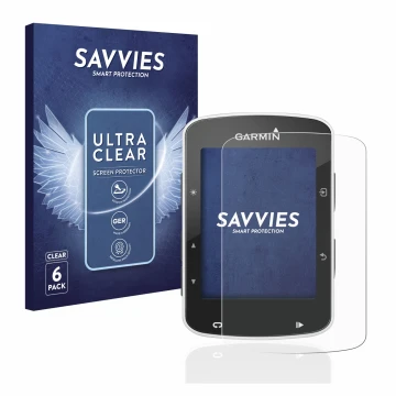 Parte frontal de un envase de producto con el logotipo de la marca Savvies. Al lado se muestra el dispositivo Garmin Edge 520 