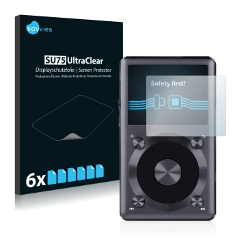 Parte frontal de un envase de producto con el logotipo de la marca Savvies. Al lado se muestra el dispositivo FiiO X3 II con s