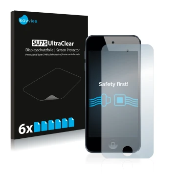 Parte frontal de un envase de producto con el logotipo de la marca Savvies. Al lado se muestra el dispositivo Apple iPod Touch